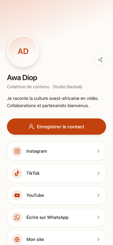 Aperçu du profil public d’Awa Diop sur un téléphone